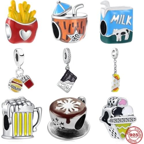 New 925 Sterling Silver Beer Fries Milk Chocolate Coffee Ice Cream Charm Bead Fit Original Pandora Bracelet DIY Jewelry Women