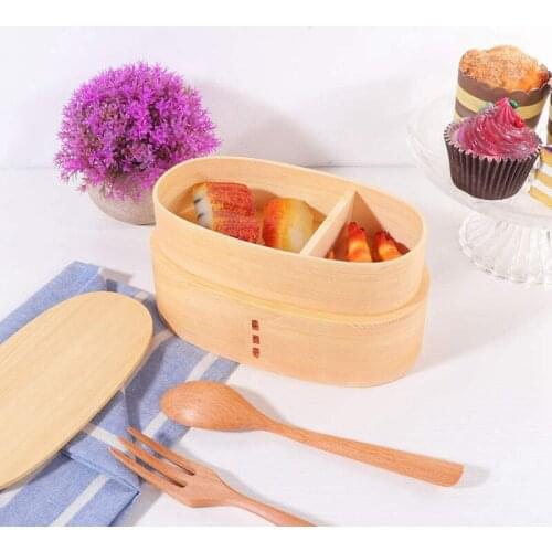 Wooden Lunch Box Double Layer Sushi Bento Container Food Carrier Bowl for School Office White