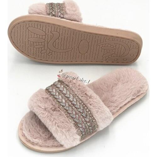 Designer Girl Fashion Fur Slippers Wholesale Faux Fur Cross Indoor Floor Slides pink slides slippers