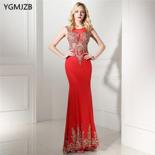 Long Evening Dresses 2019 Mermaid Gold Appliques Lace Sheer Scoop Red Prom Dress Women Formal Evening Gowns Plus Size