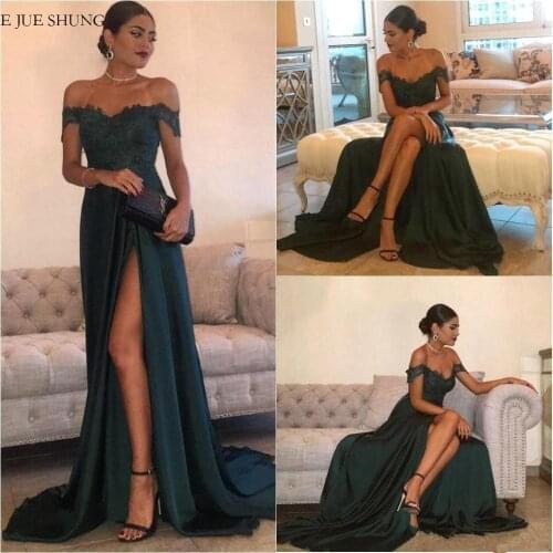 E JUE SHUNG Hunt Green Lace Long Evening Dresses 2020 Side Slit Off the Shoulder Formal Dresses Evening Gowns