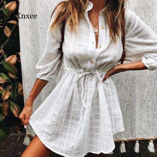 Elegant Womens White Plaid Shirt Dress Autumn Half Sleeve Loose Dress Large Size Street Wear Casual Robe Cotton Dress