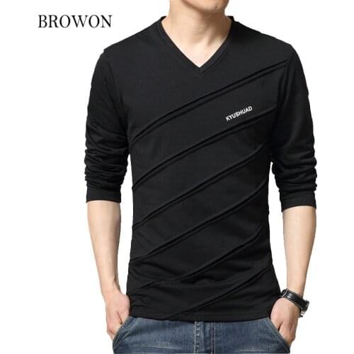 BROWON Fashion Trend Autumn T Shirt Men V Collar Long Sleeve T-Shirt Large Size Slim Fit Cotton Tops Tees Camisetas Male