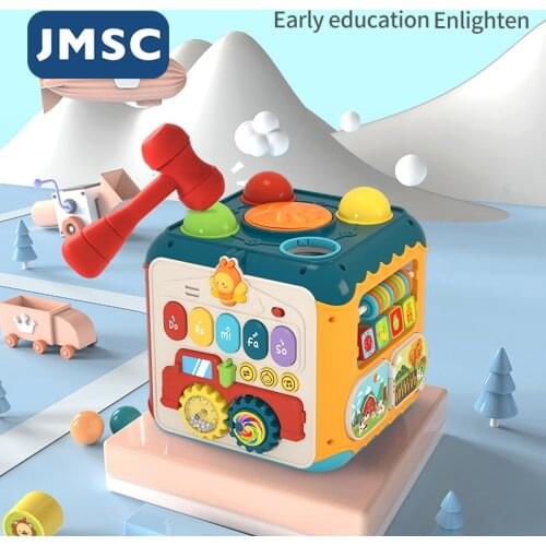JMSC 6+1 Sided Activity Box Music Early Educational Turn Bead Gear Drum Block Sports City Montessori Toys Animals Forest Smart