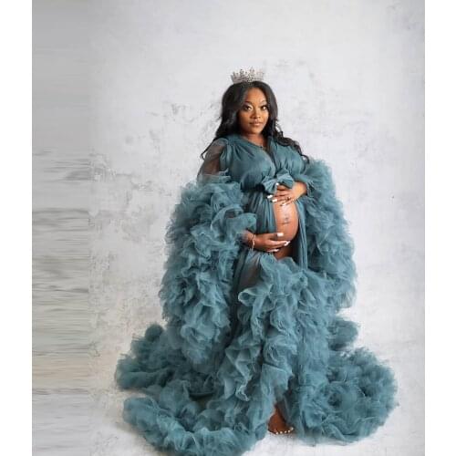 Classic Organza Tulle Maternity Robes Custom Made Plus Size Long Sleeves Extra Fluffy Puff Women Bridal Tulle Dressing Gowns