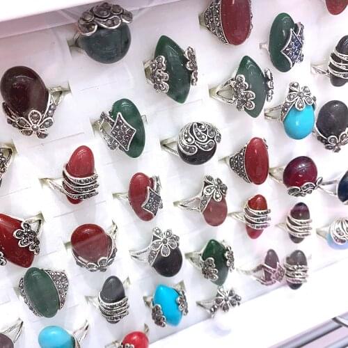 20Pcs/lot Natural Semi-precious Stone Rings For Women Mixed Style Retro Rings Set Fit Wedding Party Wholesale