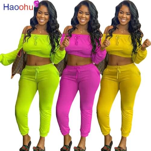 HAOOHU Sexy Two Piece Set Women Tracksuit Fall Clothes Off Shoulder Crop Top and Sweat Pants Matching Sets Lounge Wear Outfits