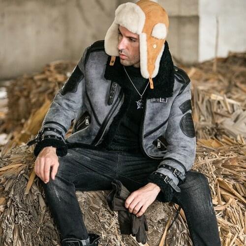 New Sheepskin B3 Leather and Fur Mens Leather Motorcycle Jacket Men Fur Air Force Flight Suit Coat Winter