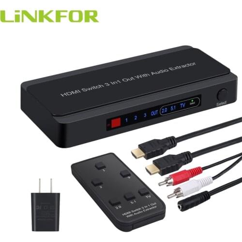 LiNKFOR 3 Port HDMI Switch Audio Extractor Splitter HDMI To Optical/RCA Audio Converter With Remote Control Support 4K@60Hz 3D
