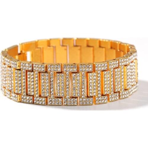 1 New Hip Hop Full Austrian Rhinestone Paved Bling Iced Out Big Wide Watch Band Link Chain Bracelets for Men Rapper Jewelry Gift