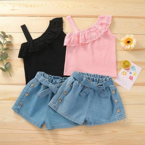 1-6Y Children Kids Girls Clothes Set Summer Girl One Shoulder Ruffle Tops+Denim Shorts 2pcs Girl Outfits Toddler Girl Clothing