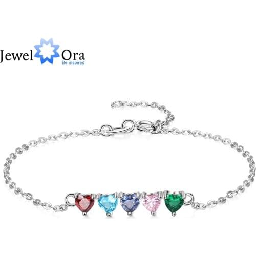 Personalized Jewelry Custom 5 Heart Birthstones Adjustable Chain Bracelets Customized Birthday Bracelets for Women (BA102639)