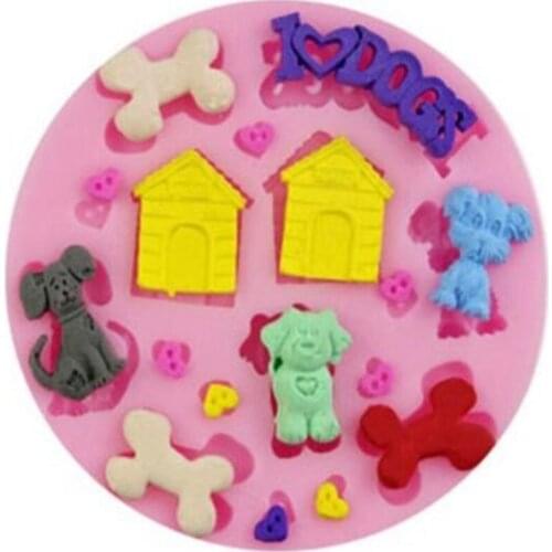 Pink House Dog Pet Animal Bone Love Liquid Silicone Fondant Chocolate Egg Cake Mold Kitchen Tools Baking Tools Cakes