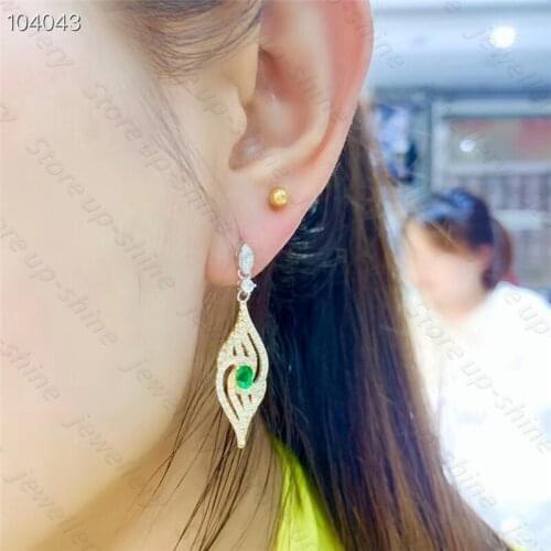 New natural emerald earrings 925 silver two-color electroplating process high-end atmosphere