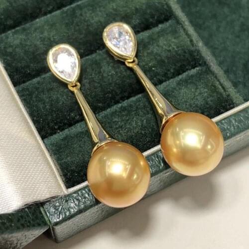 D429 Pearl Earrings Fine Jewelry 925 Sterling Silver Round 8-9mm Natural Fresh Water Golden Pearls Drop Dangle Earrings Presents