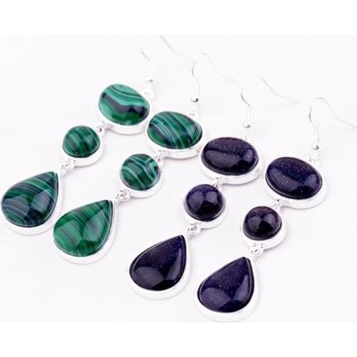 Water Drop And Round Blue Sandstone Malachite three layers Long Dangle Stone Earrings For Woman Silver Plated Classic Jewelry