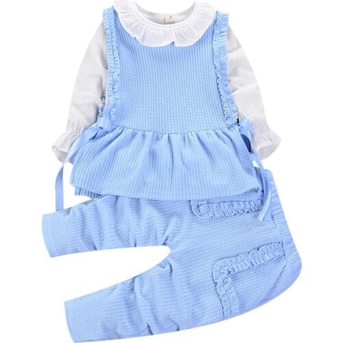 Spring Cotton Three Pcs Baby Girl Clothes Long sleeve Cute Fashion Ruffle Collar Top Vest And Pants Childrens Clothes For 1-4Y