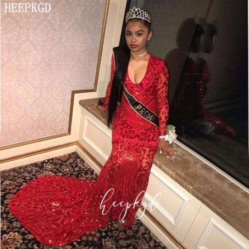 Red Sequins Mermaid African Evening Dress V Neck Long Sleeves Sparkly Black Girls Pageant Dresses Plus Size Graduation Gowns