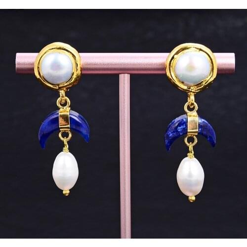 GuaiGuai Jewelry White Pearl Natural Blue Lapis Crescent Moon Stud Earrings