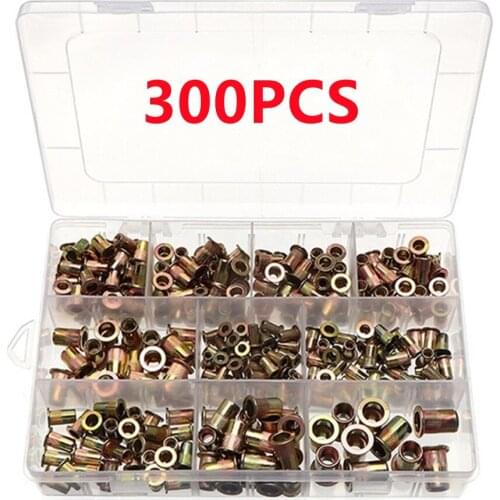 300/170pcs Carbon Steel Rivet Nuts M3 M4 M5 M6 M8 M10 Flat Head Rivet Nuts Set Hardware Parts Box