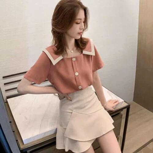 Woman Tshirts Summer New 2021 Korean Fashion Button Female Tees Office Lady Solid Sweet Short Sleeve Loose Femme Tops Regular