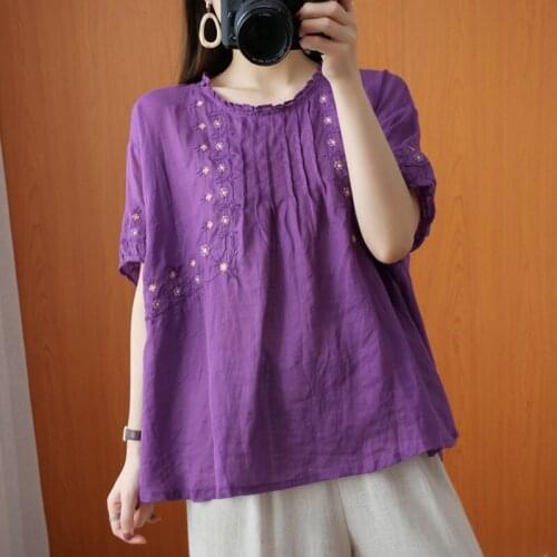 Oversized Women Cotton Linen Casual T-shirts New Arrival 2021 Summer Vintage Style Floral Embroidery Loose Female Tops Tees B568