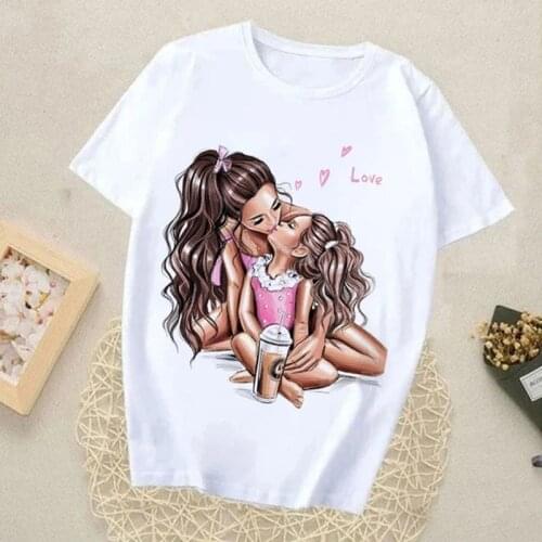 Women Harajuku Tops Summer Mother & Daughter Print Ladies Casual T-Shirt Loose Short-Sleeved White Bottoming Shirts