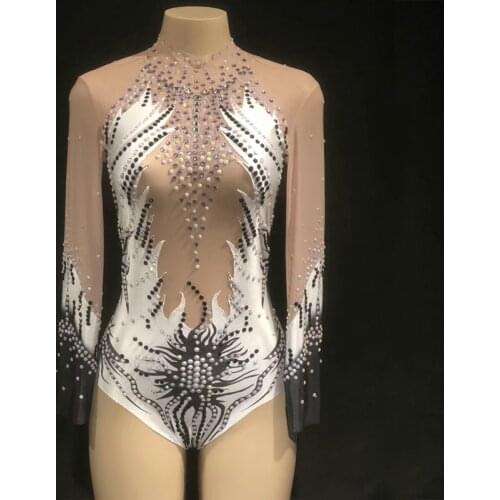 Women Nightclub Outfit Glisten Rhinestones Mesh Sexy Bodysuit Stage Summer Costume Womens Party Dance Bodysuit Perspective Wear
