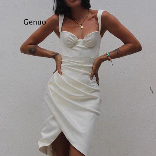 White Pleated Irregular Midi Dress 2021 Summer Women Spaghetti Strap Sexy Fashion Dresses High Street Party Dress