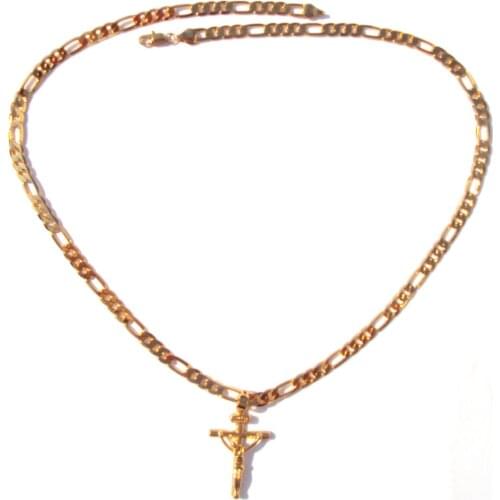 24 k Yellow Solid Gold GF 5mm Italian Figaro Link Chain Necklace 60cm Womens Mens Jesus Crucifix Cross Pendant