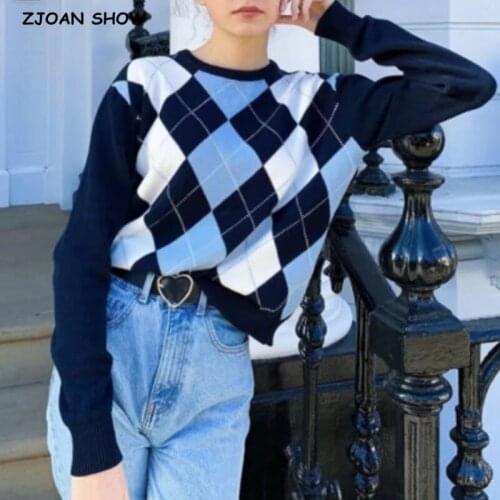 90s Streetwear Navy Check Argyle Plaid Knitted Sweater Pullovers Female Knitwear Preppy Style Y2K Clothes O Neck Casual Jumpers
