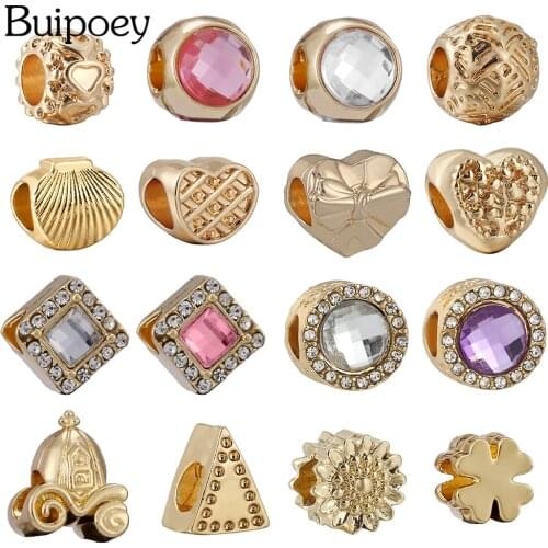 Buipoey New Golden Shell Heart Beaded Cake Charm Fit Diy Bracelets Original Round Crystal Large Hole Beaded Jewelry Accessory