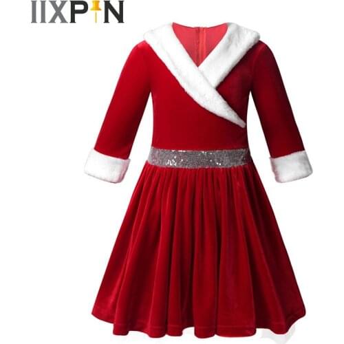 Kids Girls Ballet Dress Christmas Costume Long Sleeve Faux Fur Trimming Velvet Figure Ice Skating Dress Baton Twirling Dress