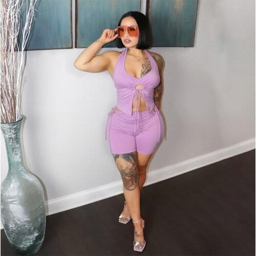 Women Two Piece Round Buckle Ruched Drawstring Halter Backless Crop Top and Biker Shorts for Beachwear Fitness Tracksuit