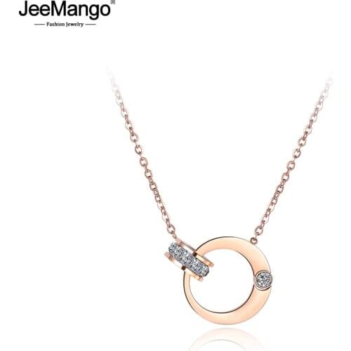 JeeMango Double Circle Cubic Zirconia Chain & Link Necklaces Jewelry Titanium Steel Rose Gold Chokers Necklace For Women JN18054