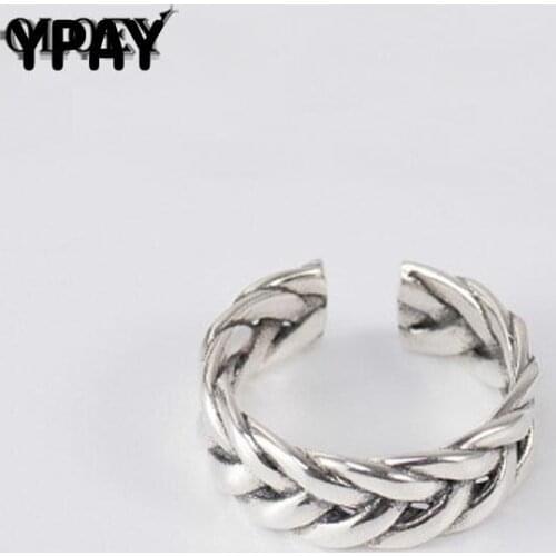 YPAY Authentic 925 Sterling Silver Open Rings for Women Vintage Braided Twist Adjustable Finger Ring Fine Party Jewelry YMR299