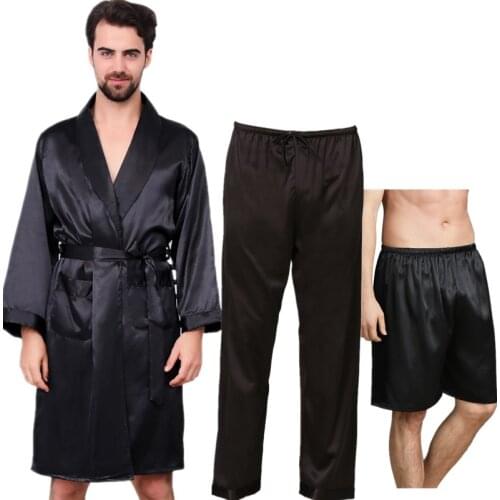 3 PCS Pajama Set Robe Pants Pajama Set Bathrobe Shorts Suit Silk Sleepwear for Men Kimono Home Soft Cozy Long-sleeved Bath Gown