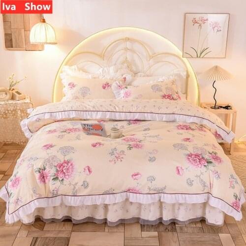 Iva Show Pure Cotton Light Yellow Bedding Set Reactive Print Lace Bed Skirt Wide Edge Pillowcase Queen/King Size Bed Four-pieces