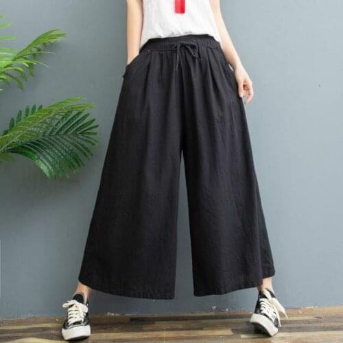 Summer Trousers Womens Pants Streetwear Plus Size Cotton Linen Pants Women Spring High Waist Calf-Length Wide Leg Pants Casual