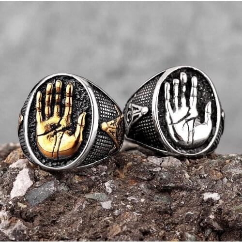 Buddha Palm Masonic High Five Stainless Steel Mens Rings Punk Hip Hop Cool for Male Boyfriend Jewelry Creativity Gift Wholesale