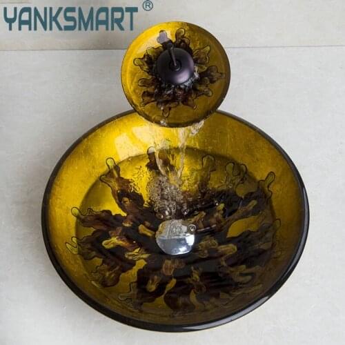 YANKSMART Yellow Algas Vessel Vanity Hand Painting Basin Sink Countertop Bowl Vessel Tempered Glass Basin Faucet Set