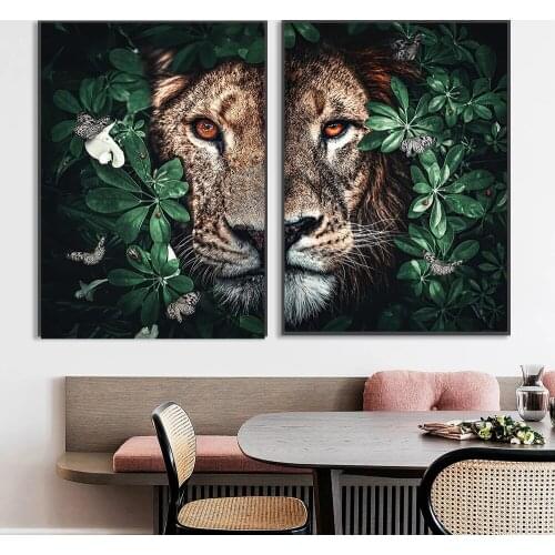 Lion with half face Wall Art Canvas Painting Animals and leaves Picture unique Home Decoration Poster and Print For Living Room