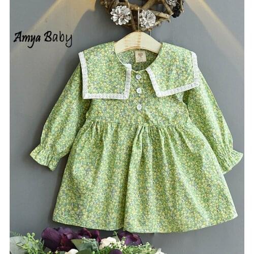 Long Sleeve Princess Dress For Girls Floral Sailor Collar Spring Autumn Casual Boutique Kids Clothing New Arrival