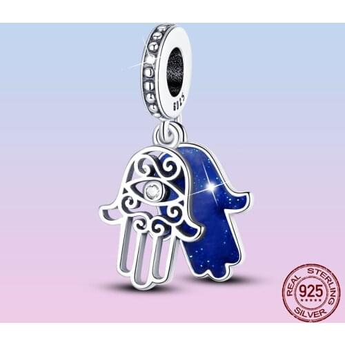 Twinkling 925 Sterling Silver Bule Galaxy & Fatima Hand Dangle Charm Demon Eyes Charms Fit Pandora Bracelet Jewelry DIY For Luck