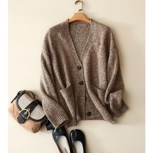 Luxury 100% cashmere v neck buttons cardigan women winter thick outerwear oversized knitted softness pocket vintage sweater coat