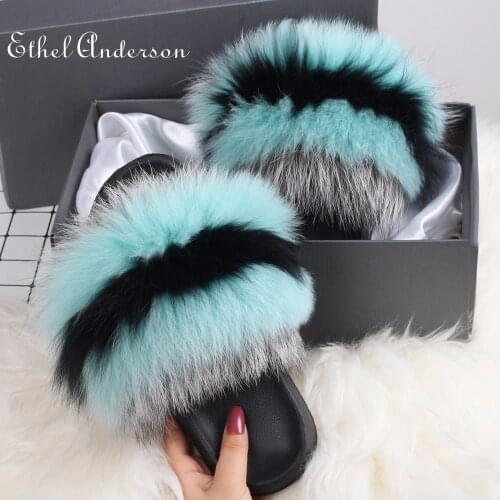 Fox Fur Slippers Real Fur Raccon Fur Sandals Furry 2020 New Hot Sale multicoloured Slides Female Indoor Flip Flop For Young Lady
