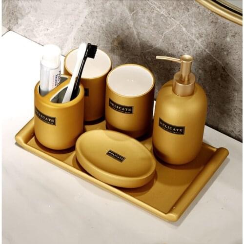 Light Luxury Golden Ceramic Bathroom Decoration Accessories Toothbrush Holder Toothpaste Dispenser Soap Dispenser Storage Tray