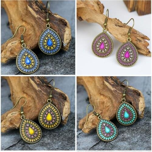 Tibetan Water Drop Colorful Dripping Oil Earrings Vintage Jewelry Bronze Metal Yellow Blue Teardrop Stone Dangle Earrings