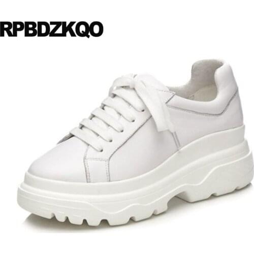 Thick Sole Luxury High Quality Lace Up Creepers Platform Shoes Black Genuine Leather Sneakers Leisure Women Muffin White