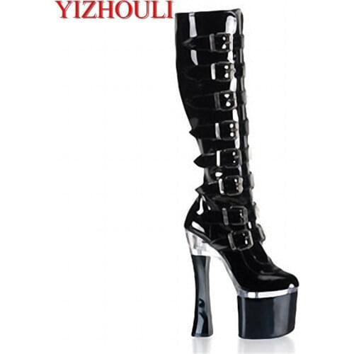 18cm Fang heel tall female boots soft leather black sex appeal, new female thick high heel dance shoe heel dance shoe
